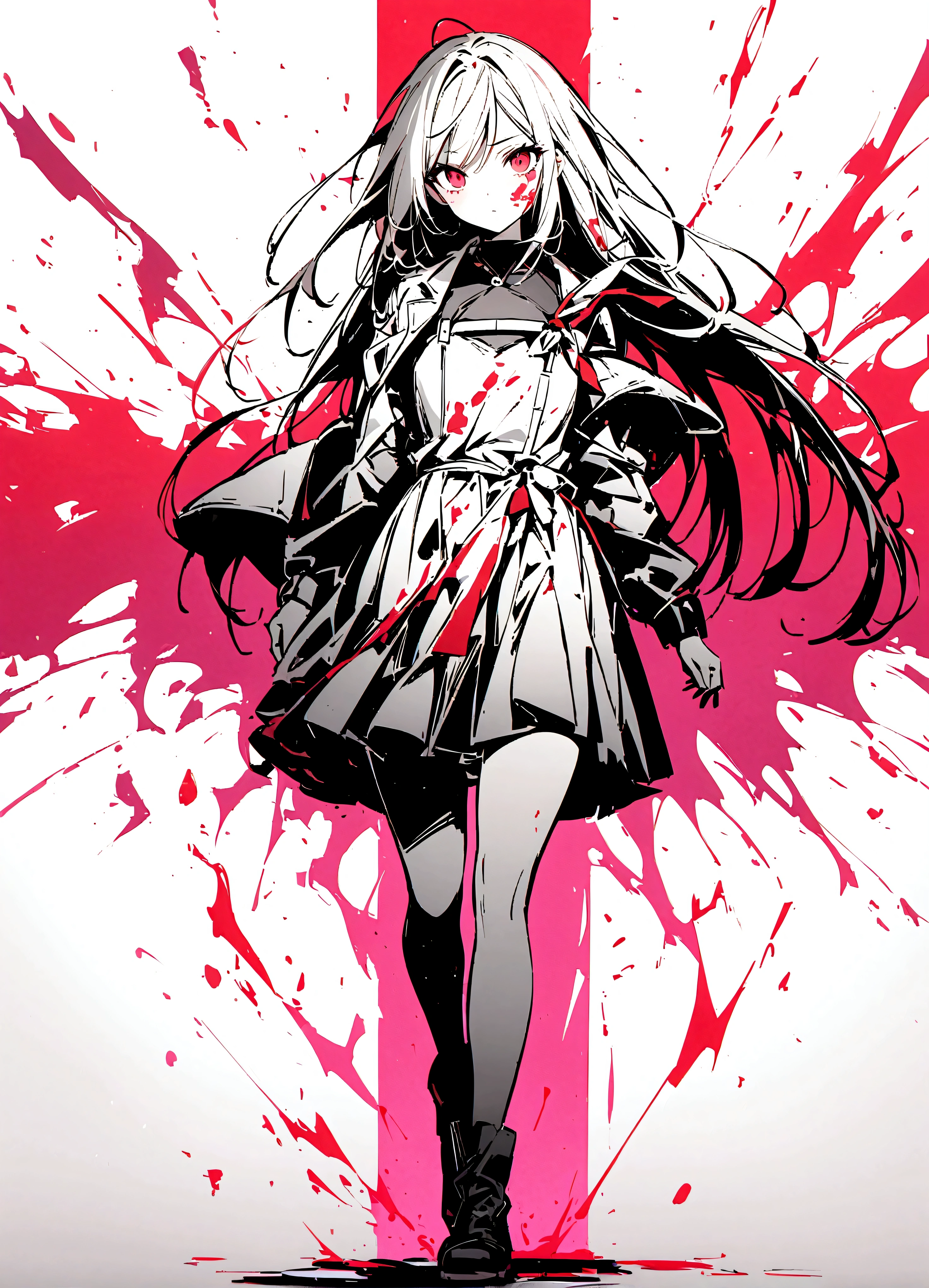 score_9、score_8_up、score_7_up、(Full body portrait:1.15)、
One girl、p0w3r0x1、(Black and White)、(Monochrome)、Blood magic、Blood manipulation、1 hammer、Have a hammer、Blood splattered on the face、The subject is off-center、
Long Hair、Red Corner、devil's eyes、Full body portrait、((Turn right、Walk to the right、Turn right、From the side))、
Color Correction LUT、
shock effects、Trampling