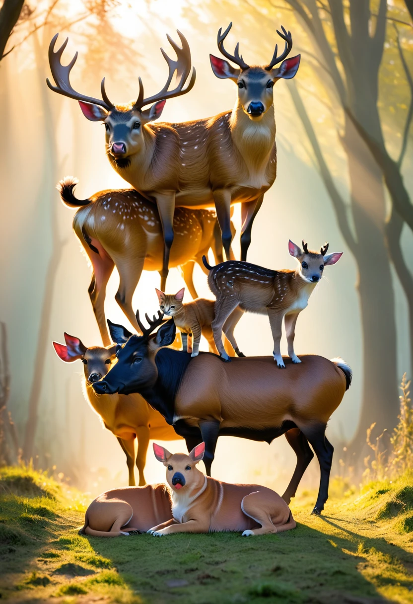 pig、ox、Cat、dog、deer,Stacked on top of each other,Hyper-exposure