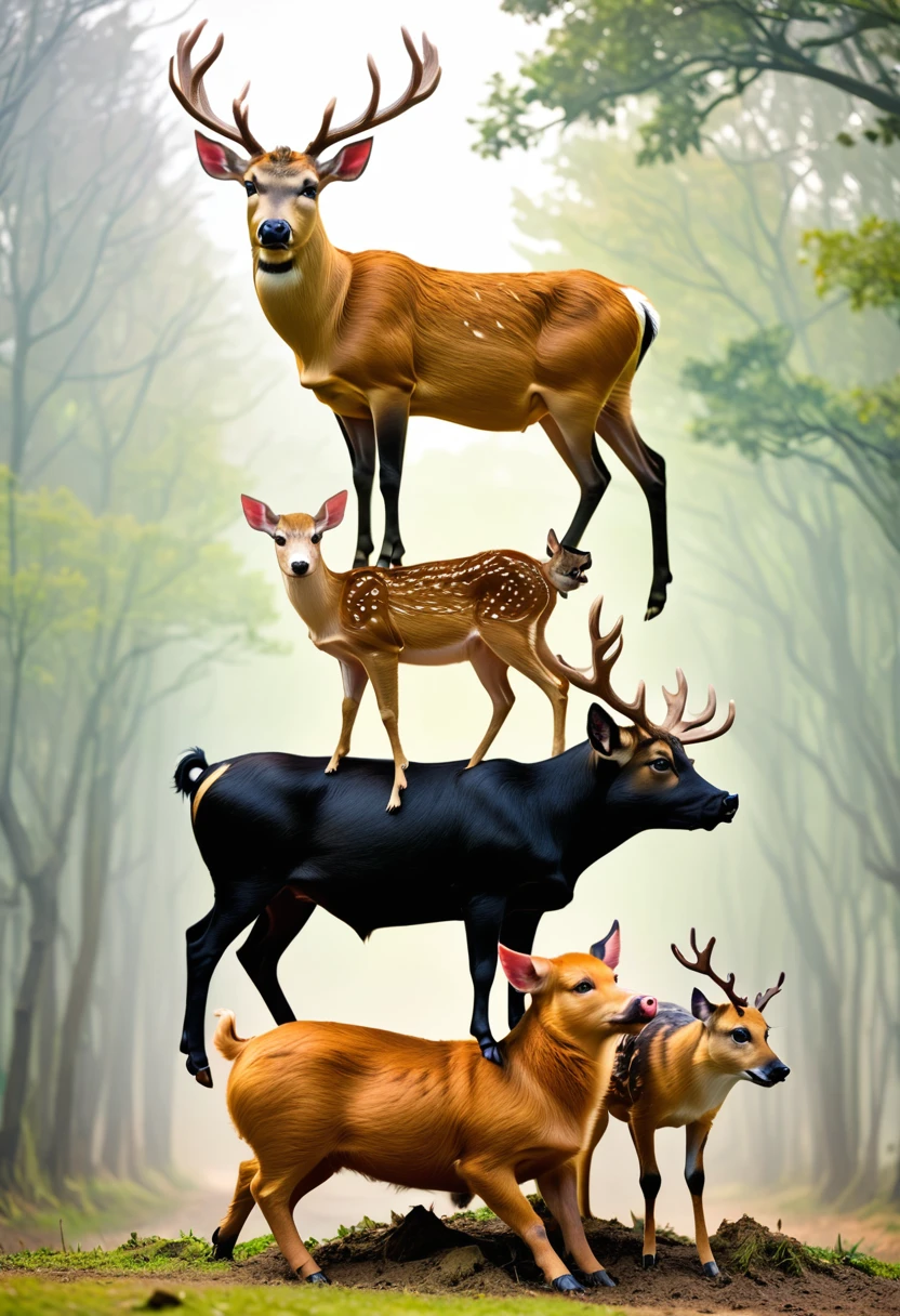 pig、ox、Cat、dog、deer,Stacked on top of each other,Hyper-exposure