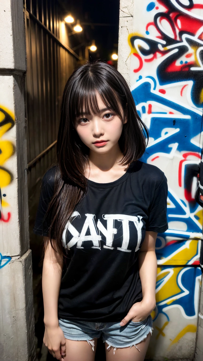 masterpiece, best quality, illustration, Super detailed, fine details, High resolution, 8K,wall paper, perfect dynamic composition,(Details High quality, realistic depiction of eyes:1.3),  (Japanese teenage girl standing in a dirty back alley at night, graffitied wall:1.1), (wearing a tattered and dirty t-shirt.:1.1), Wearing baggy pants, dirty body, short bob hair, black hair color, Big Natural Color Lip,  seductive face, provocative look, crying a little、cold gaze, Harajuku style、(graffiti), night time, 20 year old girl、cute type、lolita, Gravure Idol, full body photo、focus on crotch, (huge breasts)