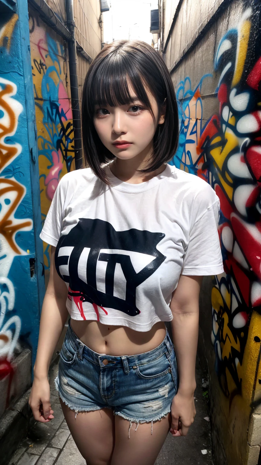 masterpiece, best quality, illustration, Super detailed, fine details, High resolution, 8K,wall paper, perfect dynamic composition,(Details High quality, realistic depiction of eyes:1.3), (Japanese teenage girl standing in a dirty back alley at night, graffitied wall:1.1), (wearing a tattered and dirty t-shirt.:1.1), Wearing baggy pants, dirty body, short bob hair, black hair color, Big Natural Color Lip, seductive face, provocative look, crying a little、cold gaze, Harajuku style、(graffiti), night time, 20 year old girl、cute type、lolita, Gravure Idol, full body photo、focus on crotch, (huge breasts)