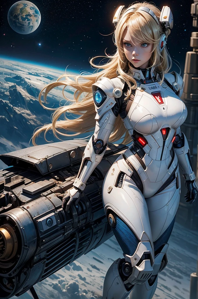 1 girl, angry, drill hair, twin drills, shiny blonde Long hair, Beautiful blue eyes, curvy body, white skin, ears in robot style, red powered armor, full armor, powered leg, Space suits, planetary exploration