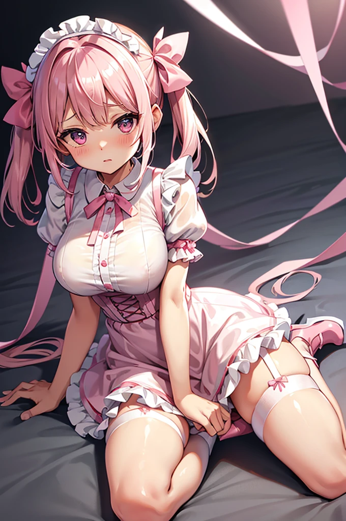 Highest quality、Shiny silk short sleeve puff sleeve pink maid outfit、See-through、Micro Micro Mini Skirt、Giant ribbon knot、Round collar、bell、garter belt、Pink high heels with ribbon、Katyusha with ribbon、Flushed Cheeks、Embarrassed look、Big Breasts、White underwear、Tucked up、Low - Angle、Wet clothes