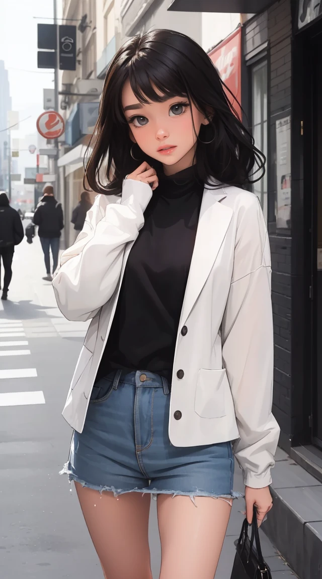 une belle fille, Regardez le spectateur dans des vêtements de rue de style hip-hop, différent, coloré, Long cheveux blanc, sourcils blanc et cils blanc, Yeux dorés,vêtements sombres, Poussière d&#39;étoile blanche sur les parties sombres. couleurs vives, flou artistique, fuites de lumière, ambiance onirique, charme expérimental, appel nostalgique, peinture sur champ de couleur, UHD, 16k, ultra détaillé