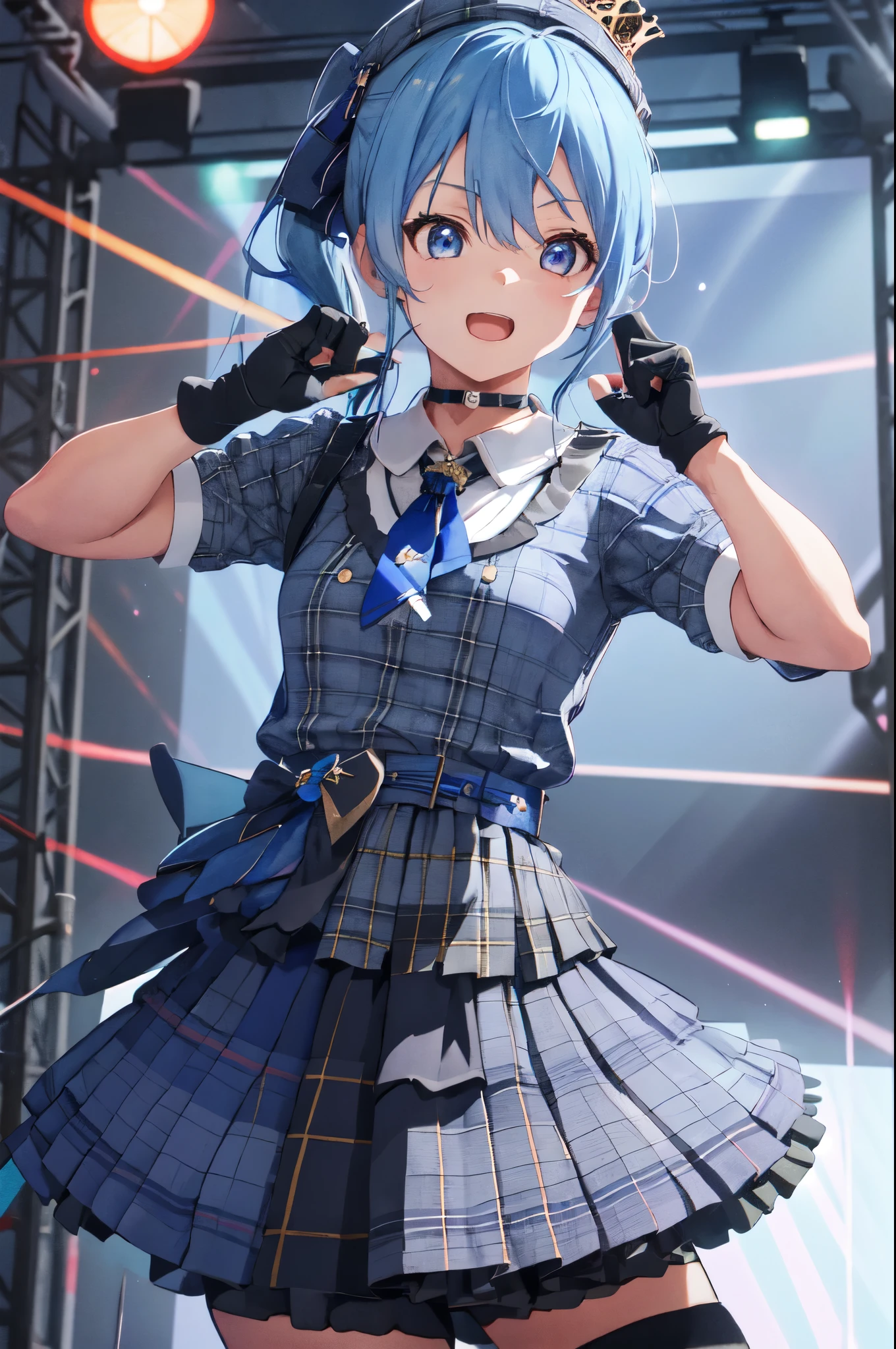 1girl, hoshimachi suisei, blue eyes, gloves, microphone, blue hair, plaid, hat, choker, open mouth, plaid headwear, side ponytail, beret, crown, skirt, black gloves, holding microphone, partially fingerless gloves, plaid skirt, shirt, hair between eyes, belt, ribbon, pointing, microphone stand, long shot