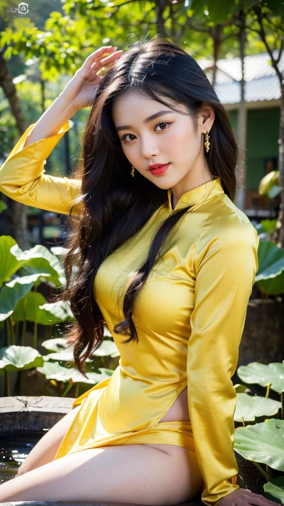detailed body, attractive body, perfect human body, realistic face,
(ultimate quality, masterpiece, highres:1.0), realistic:1.6, photorealistic,
[8k UHD photos, UHD high quality photos, Super detailed and super clear images],
Close-up of 2 Vietnamese girl with a beautiful face and balanced body, leggy, round face, big round eyes, Charming smile, Red lips, long curly eyelashes, big dimples, pointed chin, plump face, Her face resembles Tuyet Linh, Tall and plump figure, wear panty inside, wear necklaces and earrings,
wearing a bright and yellow shiny satin silk ao dai, Two girls walking beside lotus pond, pose sexy,
Satin silk ao dai,view from side,