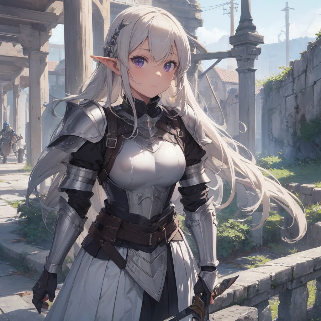 A woman in armor holding a sword and a sword in her hand, girl in armor, alluring elf princess knight, clothed in armor, purple armor, Dazzling armor, beautiful armor, elf princess knight, totalmente clothed in armor, beautiful female paladin, clothed in armor leve, in opal armor, girl in knight armor, thick armor, elf knight, wearing dark purple armor
