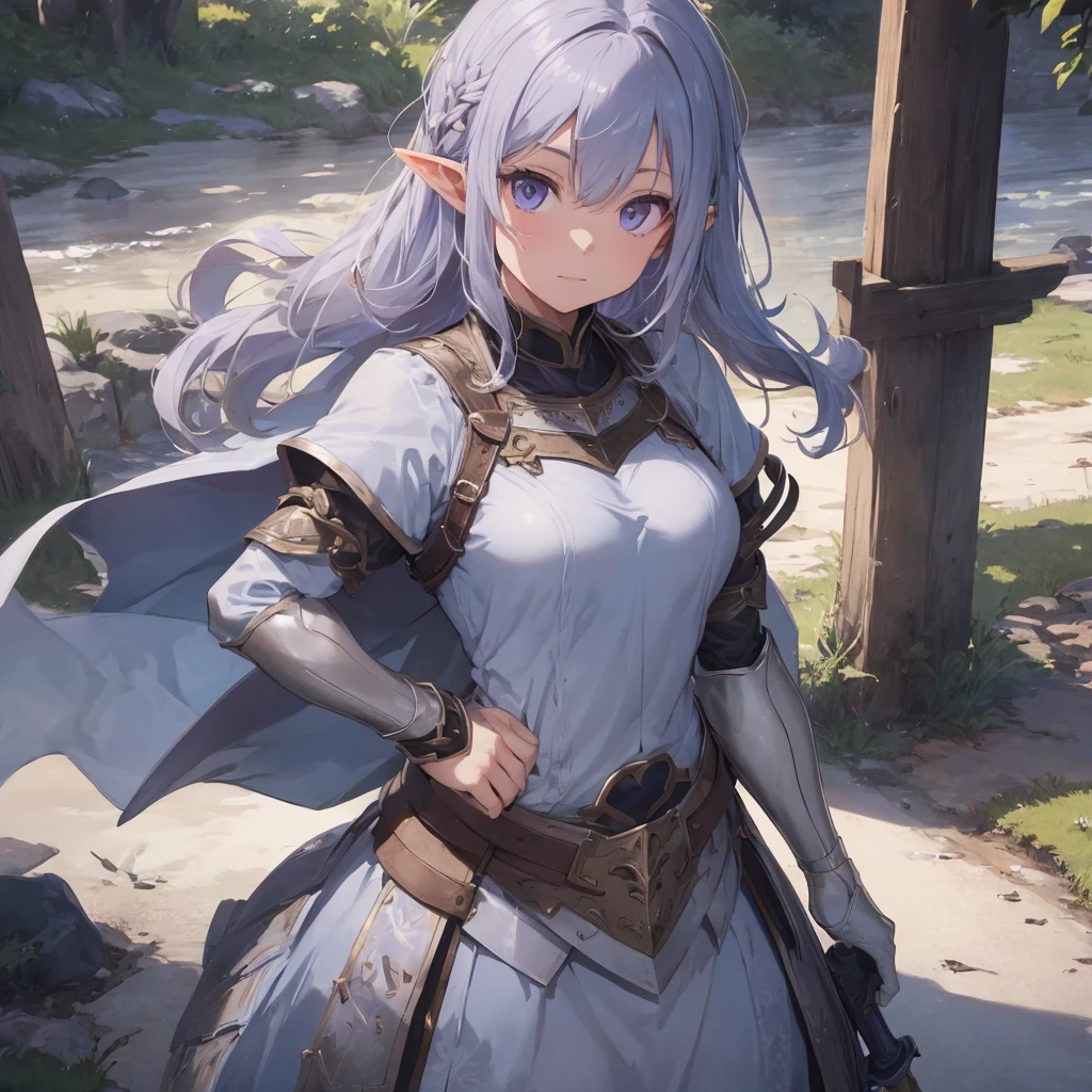A woman in armor holding a sword and a sword in her hand, girl in armor, alluring elf princess knight, clothed in armor, purple armor, Dazzling armor, beautiful armor, elf princess knight, totalmente clothed in armor, beautiful female paladin, clothed in armor leve, in opal armor, girl in knight armor, thick armor, elf knight, wearing dark purple armor
