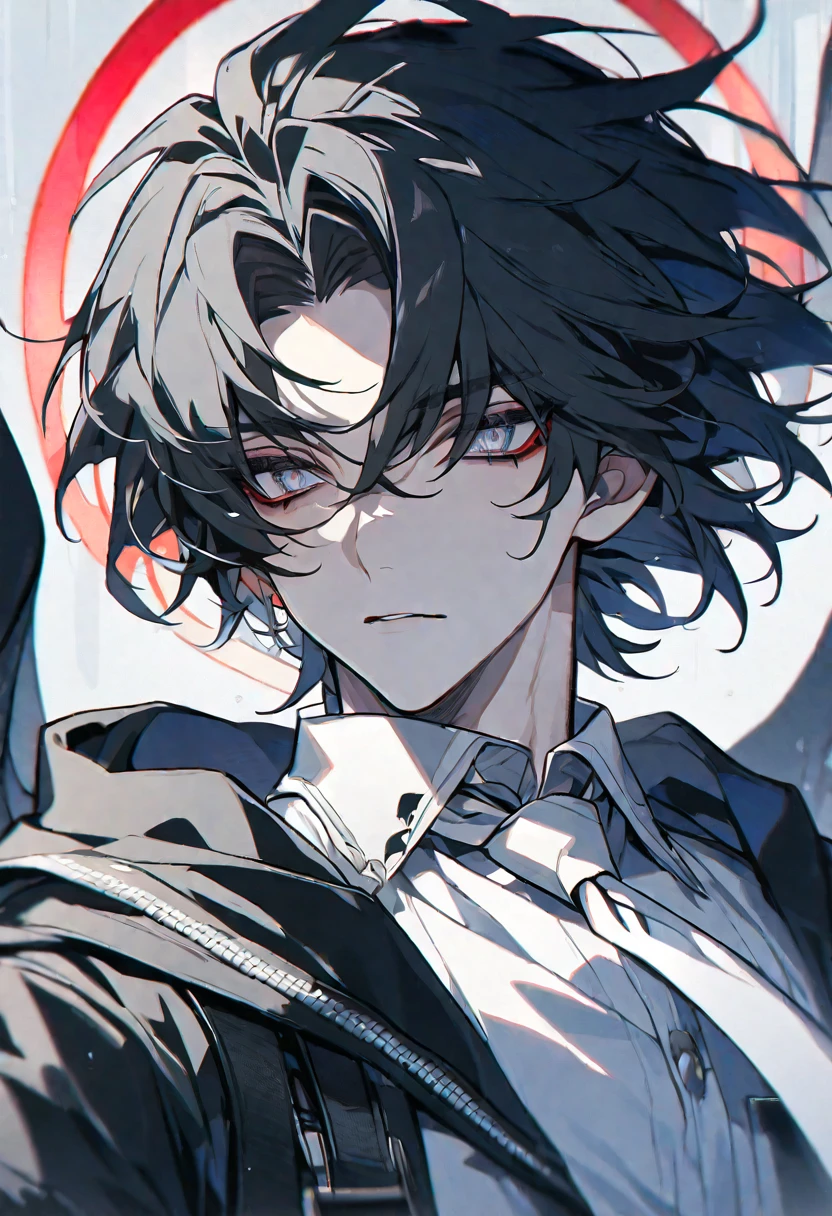 solo, handsome, 1 male, short hair, black hair and white color hair, pale eyes, white shirt, white tie, black hooded, black wings, red halo