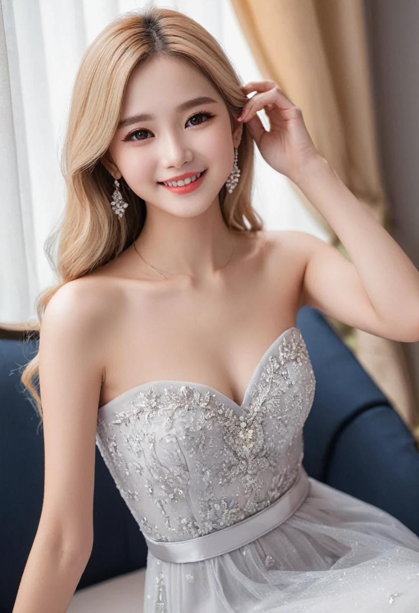((Leila、18-year-old))、((Ukrainian woman))、((Cute face))、1 person、(Thin contours:1.3)、(Grey Eyes:2.0)、(Realistic bust size 90cm:1.3)、(Narrow waist)、(White and translucent skin)、(Natural light blonde medium long hair:1.3)8-head-tall model style、Long dress、Waist-down angle、smile