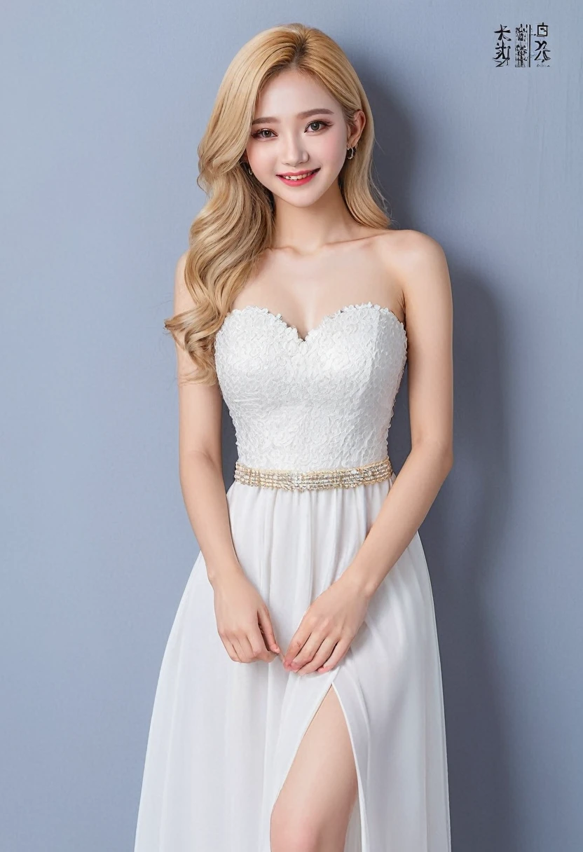 ((Leila、18-year-old))、((Ukrainian woman))、((Cute face))、1 person、(Thin contours:1.3)、(Grey Eyes:2.0)、(Realistic bust size 90cm:1.3)、(Narrow waist)、(White and translucent skin)、(Natural light blonde medium long hair:1.3)8-head-tall model style、Long dress、Waist-down angle、smile