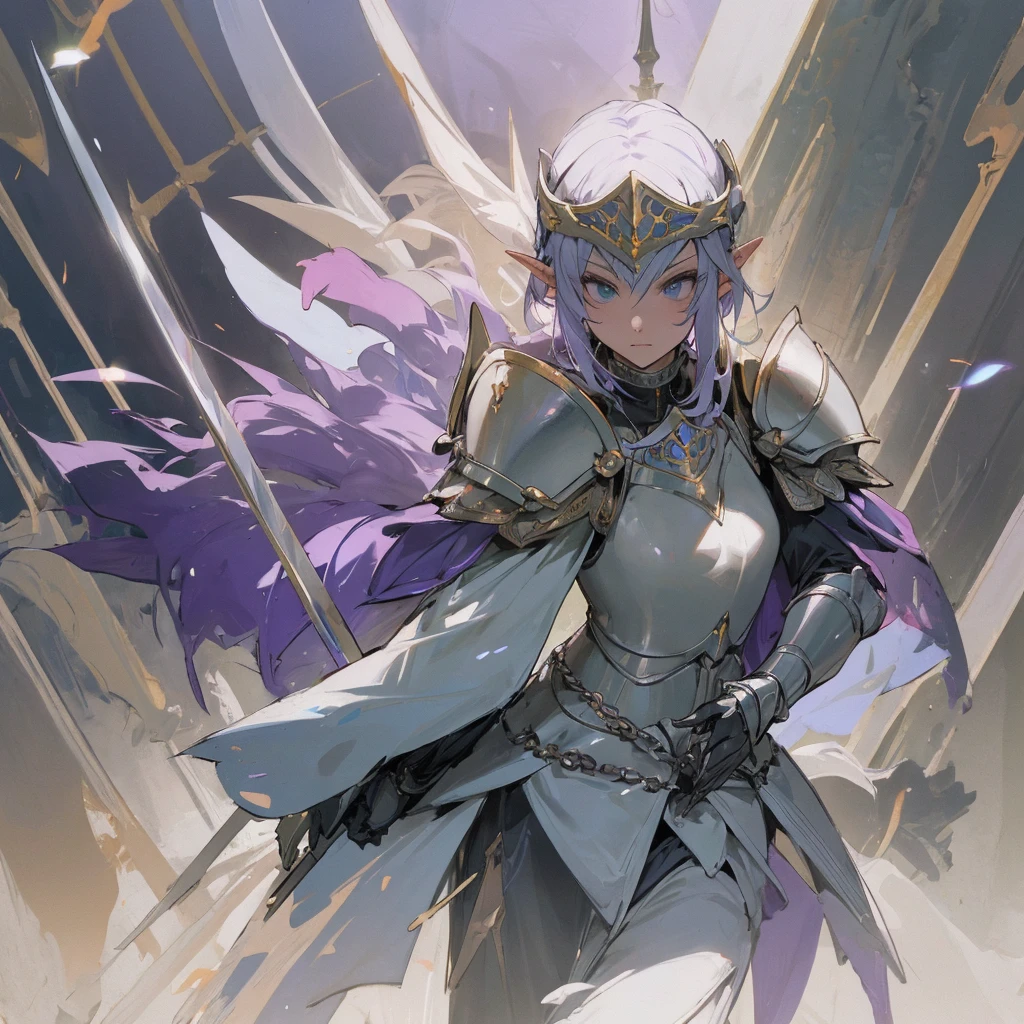 A woman in armor holding a sword and a sword in her hand, girl in armor, alluring elf princess knight, clothed in armor, purple armor, Dazzling armor, beautiful armor, elf princess knight, totalmente clothed in armor, beautiful female paladin, clothed in armor leve, in opal armor, girl in knight armor, thick armor, elf knight, wearing dark purple armor
