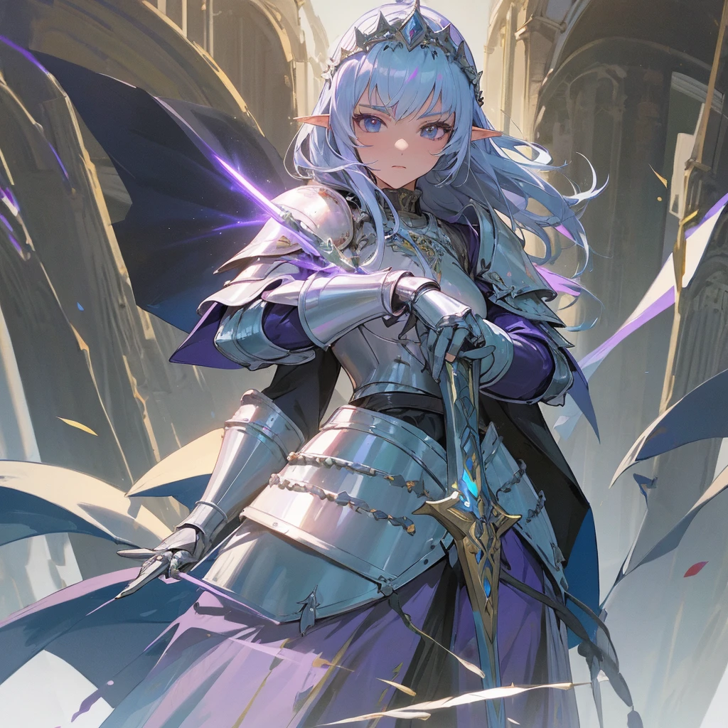 A woman in armor holding a sword and a sword in her hand, girl in armor, alluring elf princess knight, clothed in armor, purple armor, Dazzling armor, beautiful armor, elf princess knight, totalmente clothed in armor, beautiful female paladin, clothed in armor leve, in opal armor, girl in knight armor, thick armor, elf knight, wearing dark purple armor
