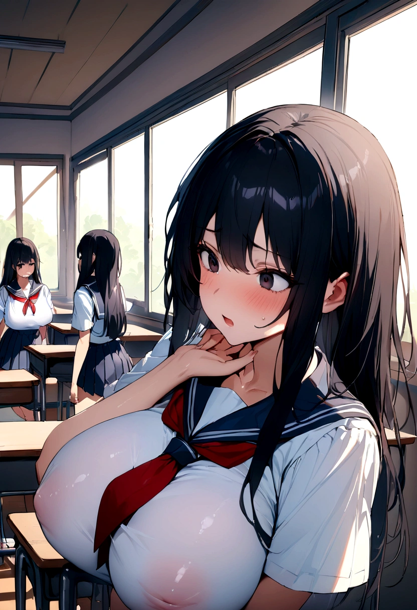 masterpiece、Highest quality、Best image quality、High resolution、Huge breasts、、School-Uniform、Red tie、Summer clothes、Black Hair、Dark Eyes、Long Hair、In the classroom、An empty classroom、Panic