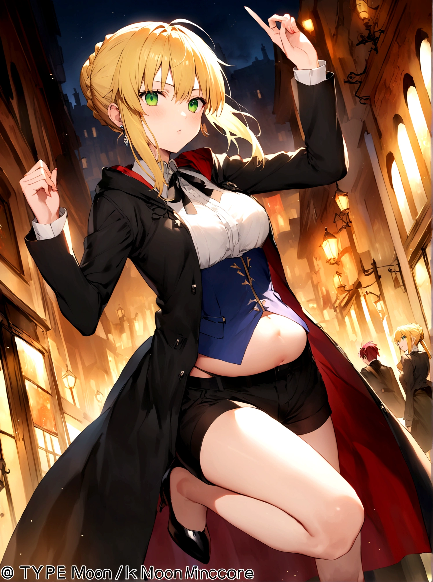 artoria pendragon, Type-Moon, fate/ stay night,floating,comiccore,filigree quasar,super realistic,super detailed wallpaper,8K,Aho,Green eyes,Royal sister,Long blond hair,Wearing silver glasses,Black vest,Delicate and small earrings,Black coat,Exposing belly,Wearing black silk,Long legs,Black shorts,Black high heels,On the Street,Dynamic Angle,Dynamic poses,Best picture quality,Original,high quality, --ar 9:16 --q 5 --niji 5