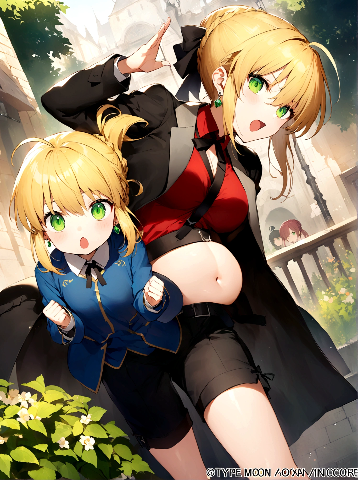 artoria pendragon, Type-Moon, fate/ stay night,floating，comiccore，filigree quasar，super realistic，super detailed wallpaper，8K，Aho，Green eyes，Royal sister，Long blond hair，Wearing silver glasses，Black vest，Delicate and small earrings，Black coat，Exposing belly，Wearing black silk，Long legs，Black shorts，Black high heels，On the Street，Dynamic Angle，Dynamic poses，Best picture quality，Original，high quality， --ar 9:16 --q 5 --niji 5