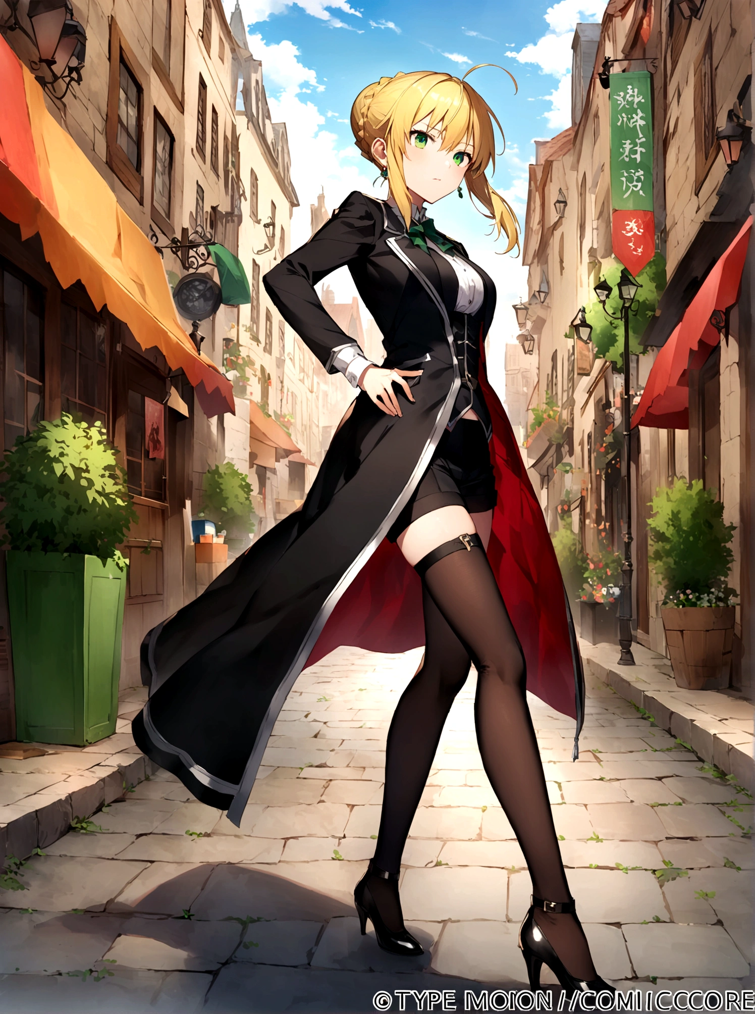 artoria pendragon, Type-Moon, fate/ stay night,floating,comiccore,filigree quasar,super realistic,super detailed wallpaper,8K,Aho,Green eyes,Royal sister,Long blond hair,Wearing silver glasses,Black vest,Delicate and small earrings,Black coat,Exposing belly,Wearing black silk,Long legs,Black shorts,Black high heels,On the Street,Dynamic Angle,Dynamic poses,Best picture quality,Original,high quality, --ar 9:16 --q 5 --niji 5