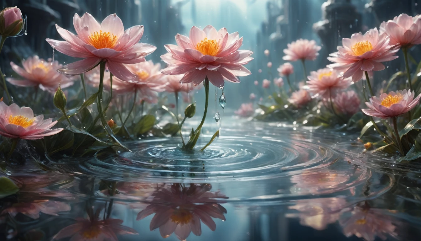 (((Intricate details:1.4))), (((Crazy details:1.4))),(((best quality:1.3))), (((Soft colors 4k highly detailed digital art:1.3))). | close up：Delicate water splashes form magical flowers, Like water reflecting light, Every drop of water is carefully drawn，And used the master-level gouache painting technique,Shrouded in the mysterious atmosphere of light and shadow art, Water splashes everywhere, good environment, Cleverly illuminated,fantasy art behance,Surreal, Its beauty and power are captured,It gives people a solemn atmosphere.