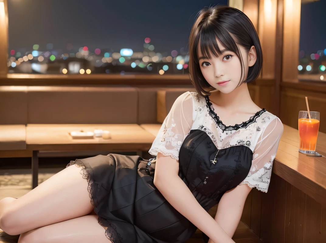 (Highest quality, masterpiece, Ultra-high resolution, 8K, RAW Photos, Realistic, Anatomically correct:1.5), 20-year-old girl:1.2, Embarrassing, avert your eyes, blush:1.0, View Viewer, ((Bar Lounge)) 、Night view、 Light:1.2, Bokeh, Cinema Lighting:1.0, Depth of written boundary, sharp、 Cute face、Idol、Black short sleeve lace top、Black pleated skirt、Black clothing、”dwarf”、(Floral clothes)、(Full Body Shot)、Side angle、Cowboy Shot、 smile、(Ultra short hair)、(Short bob cut)、(Straight bangs)、((See-through))、(( One Girl))、Large Breasts、