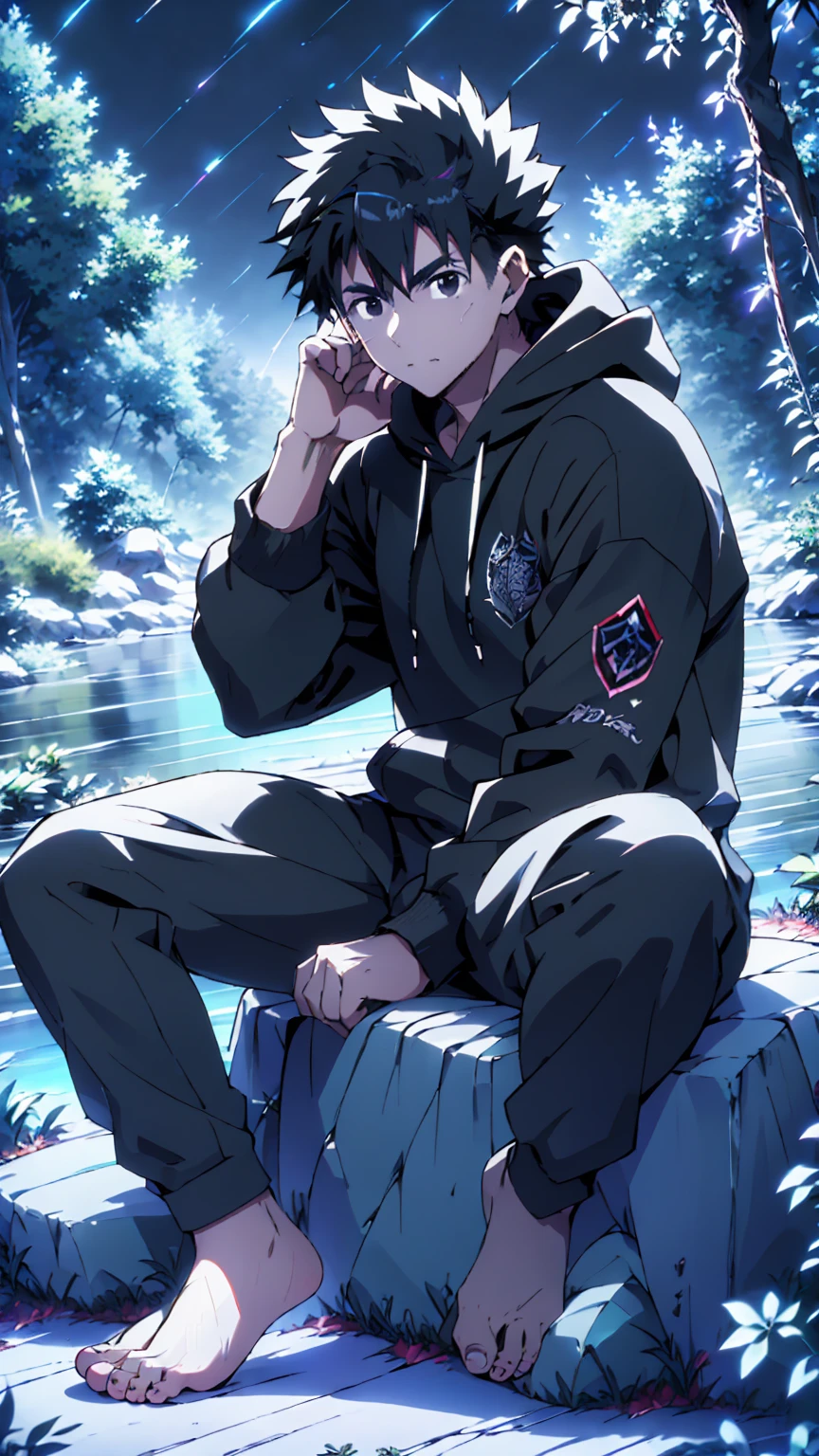 ((Highest quality)), ((masterpiece)), (detailed), Highest quality、High resolution、８K、A plain black hoodie、One adult male、33 years old、Sharp black eyes、Slightly permed black hair、Japanese anime-like style、超High resolutionかわいい萌えアニメ8k、handsome face manly、Slender and muscular、barefoot、sitting on a stone、Spread your legs、night、Forest landscape、lake、darkness、Surrounded by lots of fireflieoonlight