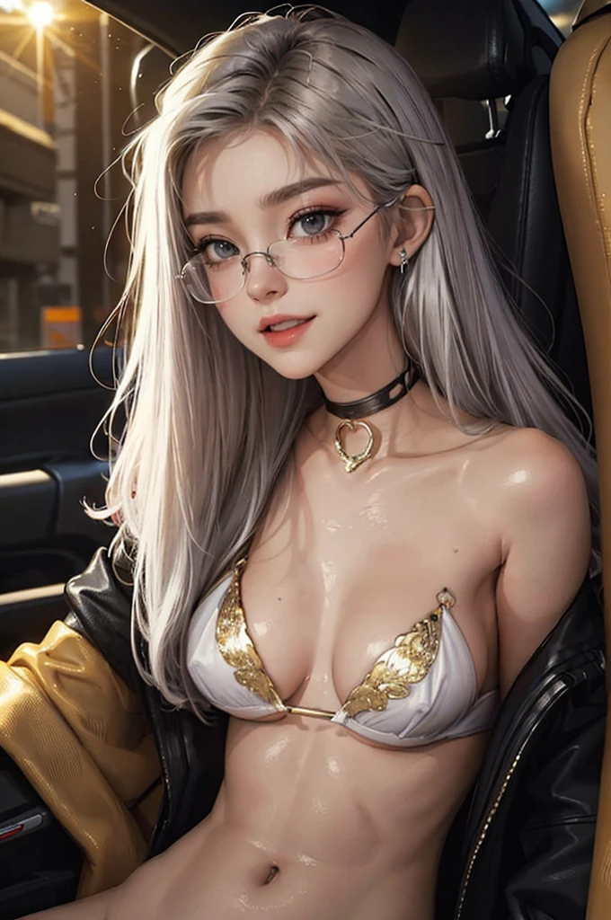 tmasterpiece,(tmasterpiece,top-quality,best qualityer),1girll, jewely,耳Nipple Ring,choker necklace,bangle, hoop earings, circle glasses,sun glasses, Long hair and long meat, Blonde hair,Black color hair,Silvery-white hair,Maroon hair, solo, ssmile, looking at viewert, motorvehicle,The Car, Sports cars,groundvehicle, Sat down, exteriors, daysies, nedium breasts,Open navel, dark skinned female, floral patterns, grinning smile,collars,Laser cloth,Sexy bikini,laser,holy rays,gold foil,Gold leaf art,glitter drawing,Correct anatomy,Detailed face, Detailed eyes,Chest exposed,(miami, night life)