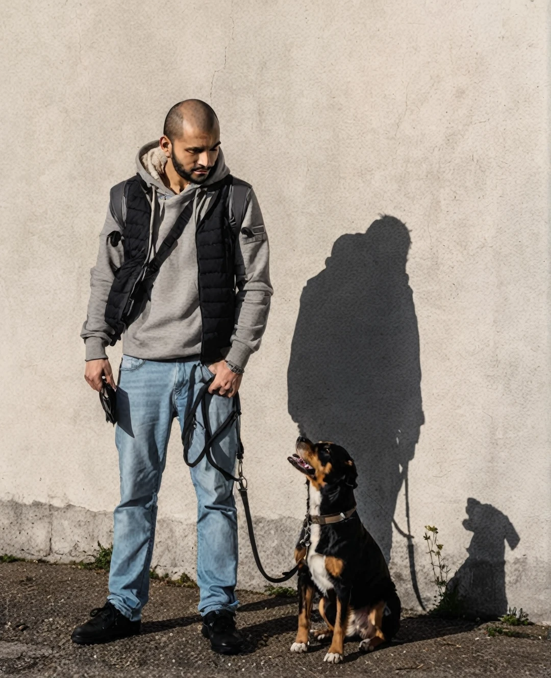 Transformez cette photo d'un homme avec son chien en une illustration de style manga. L'homme devrait être représenté comme un personnage principal de manga avec des traits distinctifs : des yeux grands et expressifs, détaillée, et une tenue inspirée des tenues typiques de manga. Le chien doit être transformé en un compagnon mignon et stylisé, avec de grands yeux brillants et une expression adorable. Utilisez des lignes nettes, des ombres contrastées, et une palette de couleurs vibrante typique du style manga. Ajoutez des détails comme des arrière-plans stylisés ou des effets visuels pour renforcer l'esthétique manga.