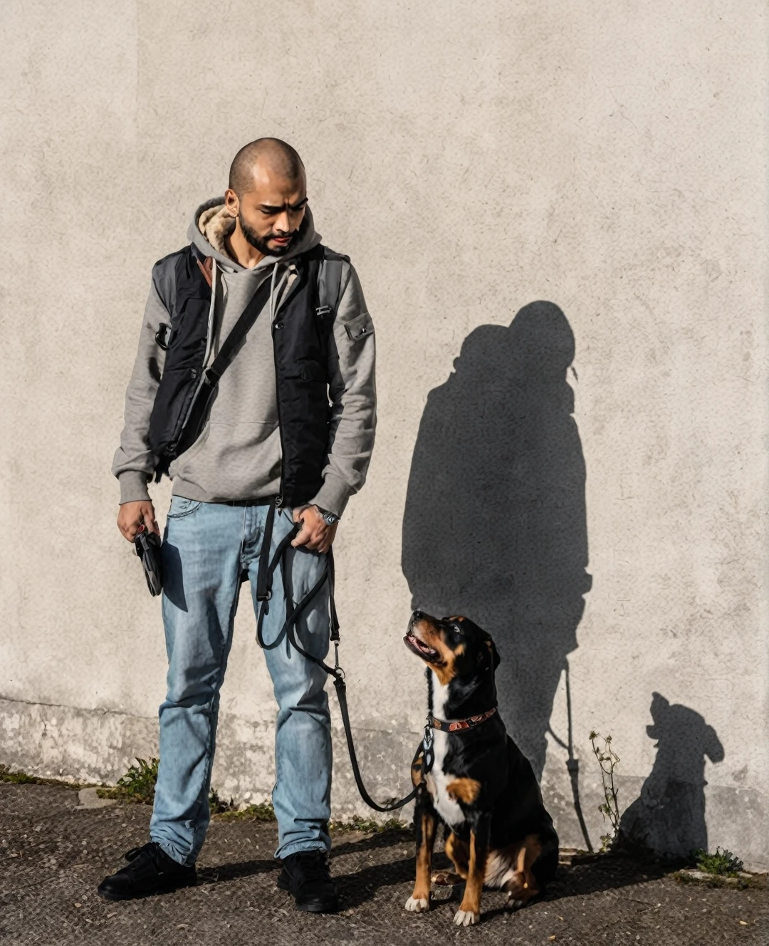Transformez cette photo d'un homme avec son chien en une illustration de style manga. L'homme devrait être représenté comme un personnage principal de manga avec des traits distinctifs : des yeux grands et expressifs, détaillée, et une tenue inspirée des tenues typiques de manga. Le chien doit être transformé en un compagnon mignon et stylisé, avec de grands yeux brillants et une expression adorable. Utilisez des lignes nettes, des ombres contrastées, et une palette de couleurs vibrante typique du style manga. Ajoutez des détails comme des arrière-plans stylisés ou des effets visuels pour renforcer l'esthétique manga.