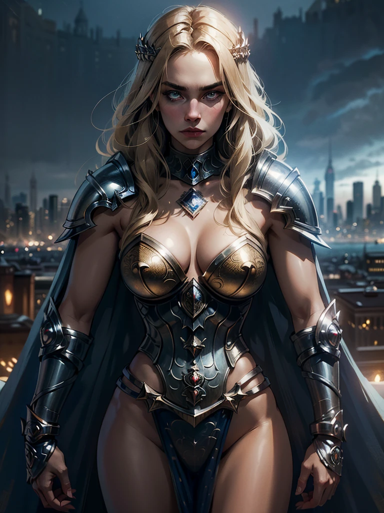 A dynamic full-body shot of a powerful woman standing confidently on a rooftop, looking down at a sprawling cityscape below. She is a striking blonde with medium-length straight hair cascading over one shoulder, and her glowing blue eyes add a mystical aura to her pretty, full face. She wears shiny, dark blue armor with intricate gold trim, bridgeless bra, featuring a deep V-neck that reveals her large breasts. Her armor has a hex pattern and is adorned with intricate runes, reflecting light with its glossy surface. On her head rests a Norse helmet, enhancing her regal and fierce appearance.Her left hand is covered in a heavy, gold armored glove encrusted with gemstones and carved with ancient runes, while her right hand wears a matching armored glove. Her skin is naturally textured and detailed, giving a lifelike quality to her appearance. She gazes sternly over the city with a commanding presence.The background showcases a detailed cityscape, illuminated by the city's lights, with volumetric lighting and lens flare effects adding depth and drama to the scene. The entire image is rendered in high resolution, capturing every intricate detail with 4K and 8K quality, ensuring a masterpiece of visual art.(highres:1.3), (4k, 8k, best quality, masterpiece), volumetric lighting, lens flare.