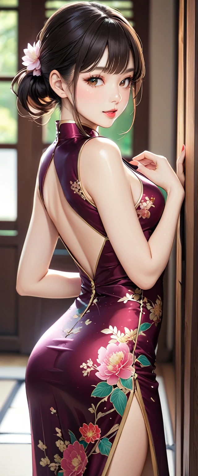 (masterpiece,Highest quality,Ultra-high resolution),Japanese women, (((Very beautiful 25 year old girl))), pretty girl、Look at the photographer､  ((Beautiful low ponytail)), Very cute face, Glossy Lips, Double eyelids on both eyes,Natural smile、 Natural Makeup, Long eyelashes, Shiny and smooth hair､Center image,  Perfect limbs, Perfect Anatomy,(((Shiny Chinese Dress)))、(((Looking Back)),