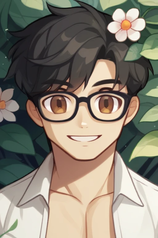 score_9, score_8,  One boy, Wearing glasses,, Black Hair, Brown eyes, Black open shirt, View your viewers, smile, Upper Body,  Foliage plant, Little