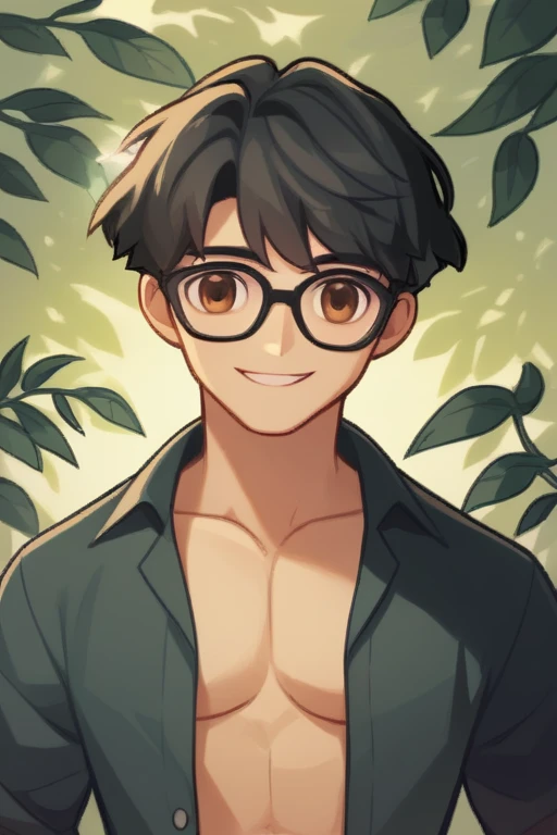 score_9, score_8,  One boy, Wearing glasses,, Black Hair, Brown eyes, Black open shirt, View your viewers, smile, Upper Body,  Foliage plant, Little