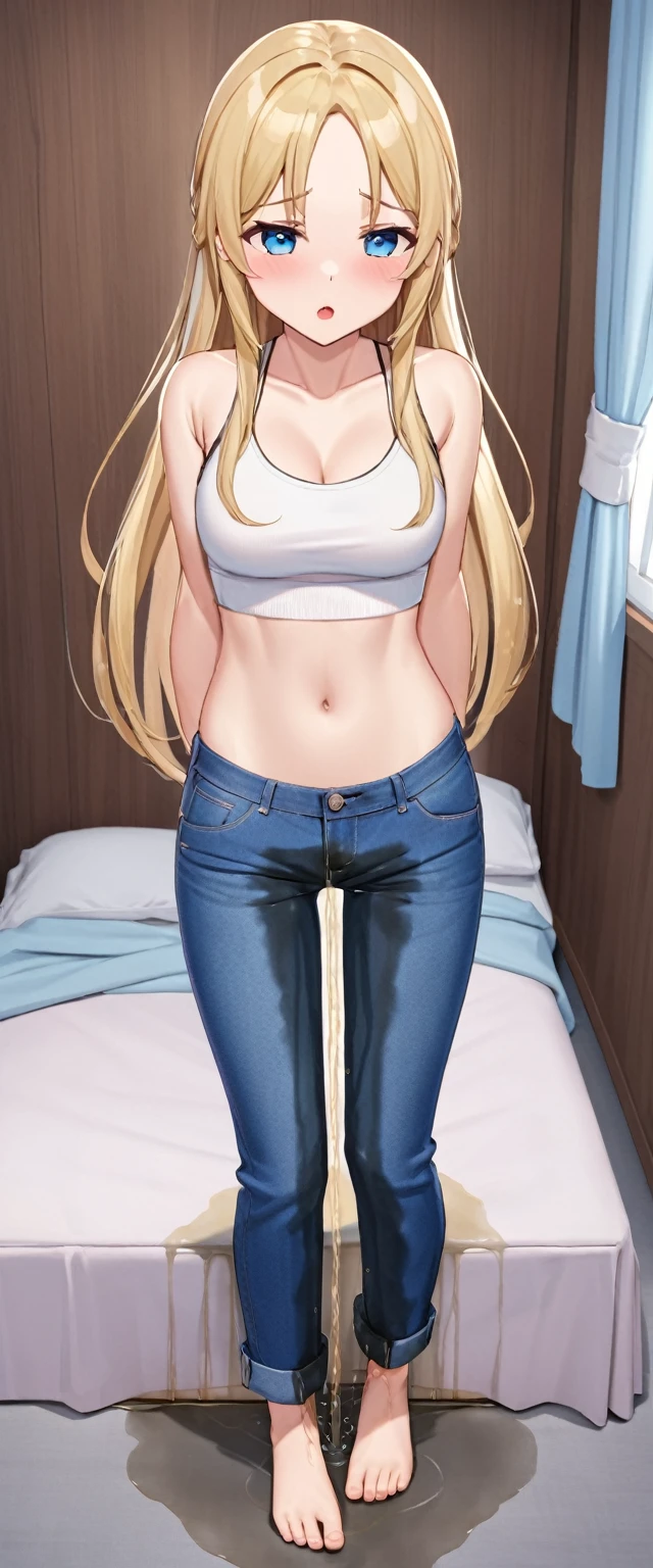 ((best quality, masterpiece:1.3, 8K)), (detailed), highly detailed face and skin texture, detailed eyes, bedroom, full body, slender body, 1girl, 25 years old, white skin, blue eyes, bright lips, worried, embarrassed, panicking, blond hair, straight hair, long hair, (forehead:0.8), blue eyes, white croptop, no sleeves, navel, jeans pants, flares jeans, blue jeans, barefoot, peeing jeans, peeing pants, pee stain, (wetting herself:1.5, desperation:1.5),