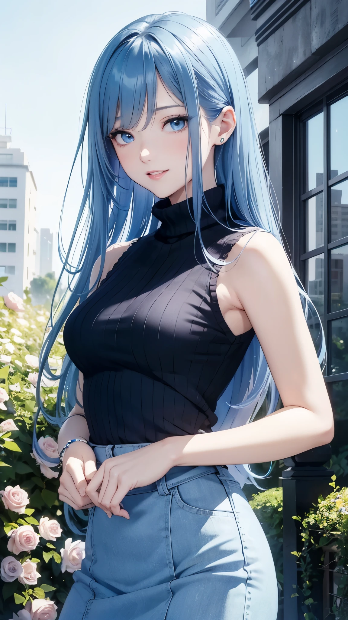 masterpiece、highest quality、High resolution、high quality images、8K, 1 female、skin luster、Texture of skin and clothing、Expression of fine eyes、shiny blue hair,Girl with long blue hair, Manga inspired by Lee Jong-suk, trending on deviantart, Realism, detailed manga style, manga art style, perfect line drawing, beautiful line drawing, digital manga art girl, K-POPアイドル, dress, beautiful blue eyes, plump lips, detailed gorgeous face, (cute smile), charm, innocent, Side view, (perfectly detailed face), (fine hands) photorealistic images, Depth of written boundary, half up hairstyle, (Dark blue turtleneck sleeveless knit)、pencil skirt , corolla , cloud,sky sky,night ,Star, Garden,Rose,The skin is delicate,Blue Roses are blooming in front of the building., rose background, rosette, beautiful flower Garden, pastel roses, blue flower, beautiful and aesthetic, Heavenly Blue, beautiful aesthetics, Pale blue shade, shades of blue, lying on a rose, rose background, pastel overflow, Blue Rose