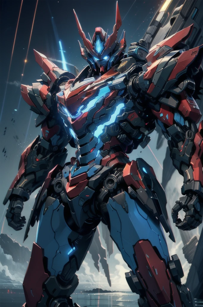 nijimecha,red mech standing in an endless sea,deep sea,mech with heavy armor,thick limbs,energy core,power armor,full armor,best quality,masterpiece,no human being,v-fin,blue theme,