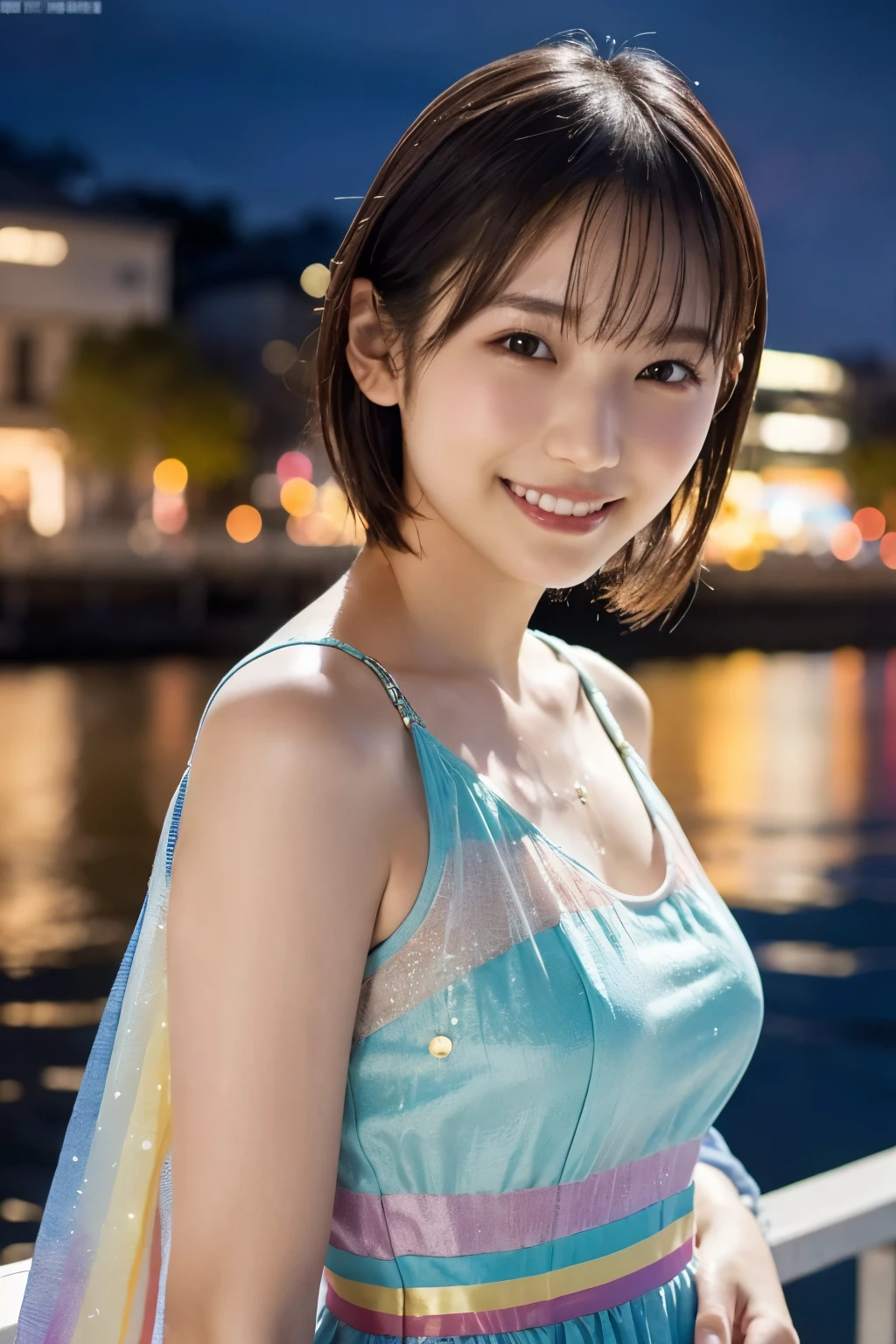 1 Girl, (Wearing a rainbow dress:1.2), (Supercluster), Very beautiful Japanese idol portraits, 
(RAW Photos, Highest quality), (Realistic, Realistic:1.4), (masterpiece), 
Very delicate and beautiful, Very detailed, 2k wallpaper, wonderful, finely, Very detailed CG Unity 8K wallpaper, Very detailed, High resolution, Soft Light, 
Beautiful detailed girl, Very detailed目と顔, Beautiful and sophisticated nose, Finely beautiful eyes, Cinema Lighting, 
(Fashion magazine photography:1.3), (Outdoor), (Night lights), (water front), 
(short hair), 
Complete Anatomy, Slender body, Small breasts, smile