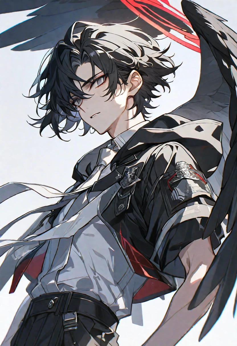 solo, handsome, 1 male, short hair, black hair and white color hair, pale eyes, white shirt, white tie, black hooded, black wings, red halo