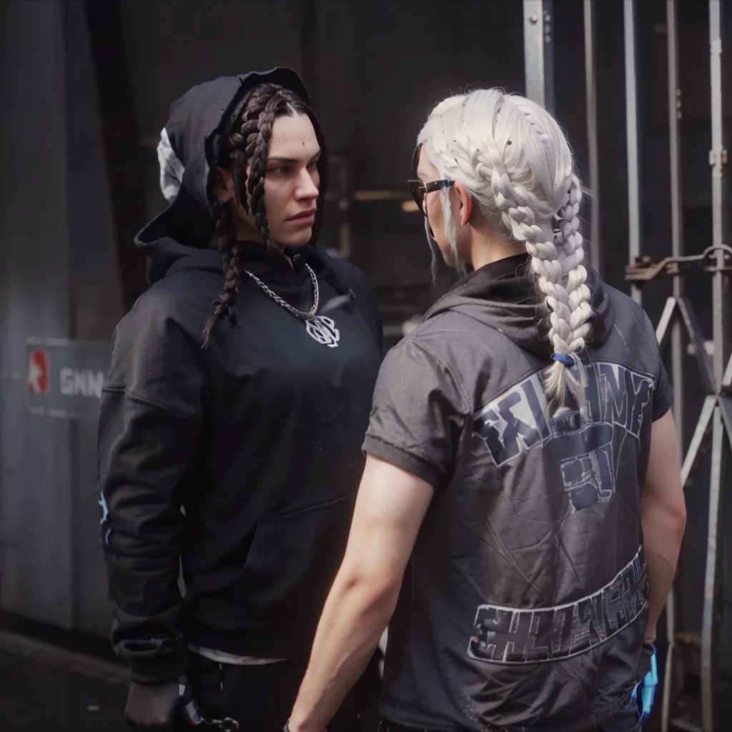 a close up of two people boy with braids hair black hoodie and girl with braids white hair standing near a metal gate not wearing glasses, 2020 video game screenshot, video game cutscene, cutscene footage, mechanic punk outfit, gta character, cutscene, style of gta v, johnny silverhand, as a character from gtav, wearing a bandana and chain, video game screenshot>, looks like jerma985
