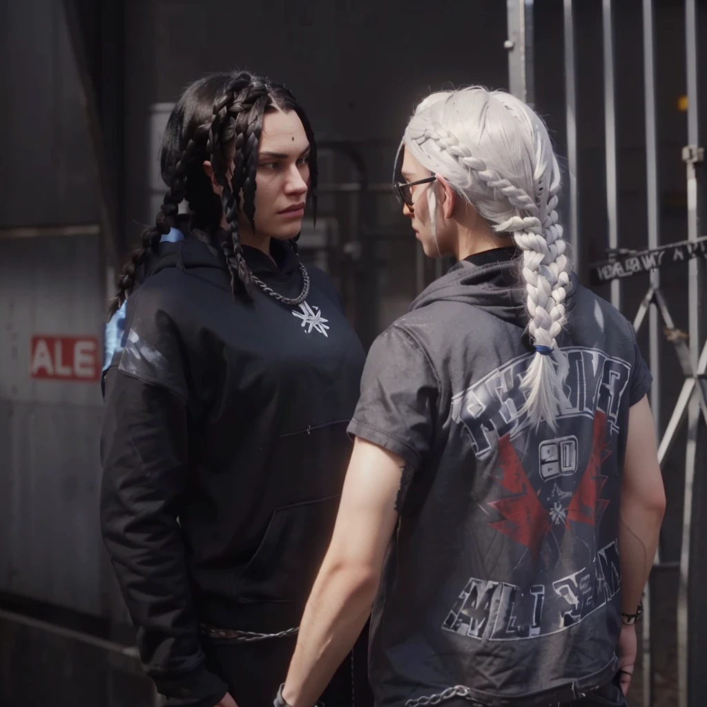 a close up of two people boy with braids hair black hoodie and girl with braids white hair standing near a metal gate not wearing glasses, 2020 video game screenshot, video game cutscene, cutscene footage, mechanic punk outfit, gta character, cutscene, style of gta v, johnny silverhand, as a character from gtav, wearing a bandana and chain, video game screenshot>, looks like jerma985