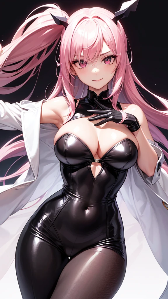 The central character of the image is drawn with a wealth of visual details that capture her bold and enigmatic personality.. She has light pink hair, Short and asymmetrical, with long bangs that cover the right eye, creating a modern and laid-back style. Your eyes are big and expressive, with an intense color that contrasts with light hair, and his gaze tilted slightly to the left suggests curiosity or secrecy.
His face conveys a thoughtful and mischievous expression, accentuated by full, slightly curved lips in a discreet smile. The index finger of the left hand touches the lips, adding a gesture of contemplation or secrecy to your expression.
She wears a red leather jacket, with a deep V-neckline that reveals plenty of skin. White stitching along the edges of the jacket adds contrast and highlights the design of the piece.. The jacket is adjusted to the body, highlighting your athletic figure. Under the jacket, there is a short top that is also red, following the neckline and leaving the belly exposed, further emphasizing your silhouette.
The character wears purple gloves that cover her hands and part of her forearms.. The gloves are fitted and appear to be made from a flexible material, allowing mobility without sacrificing style. Your skin is pale, which contrasts with the vibrant hair and flashy clothes.
The character's pose is confident and casual. The right hand is raised with the index finger pointing upwards, while the left hand is close to the face, with the index finger touching the lips. Her athletic, well-defined figure is highlighted by the fitted outfit, that accentuates your curves and muscles.
The combined elements – vibrant hair, the enigmatic expression, the bold costume and confident pose – create a visually captivating and intriguing character, with a striking style and a strong presence.