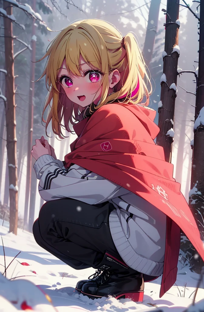 rubyhoshino, Hoshino Ruby, Long Hair, bangs, Blonde, (Pink Eyes:1.3), (Symbol-shaped pupil:1.5), Multicolored Hair, Two-tone hair, smile,blush,White Breath,
Open your mouth,snow,Ground bonfire, Outdoor, boots, snowing, From the side, wood, suitcase, Cape, Blurred, , forest, White handbag, nature, Squat, Mouth closed, Cape, winter, Written boundary depth, Black shoes, red Cape break looking at viewer, Upper Body, whole body, break Outdoor, forest, nature, break (masterpiece:1.2), Highest quality, High resolution, unity 8k wallpaper, (shape:0.8), (Beautiful and beautiful eyes:1.6), Highly detailed face, Perfect lighting, Highly detailed CG, (Perfect hands, Perfect Anatomy),