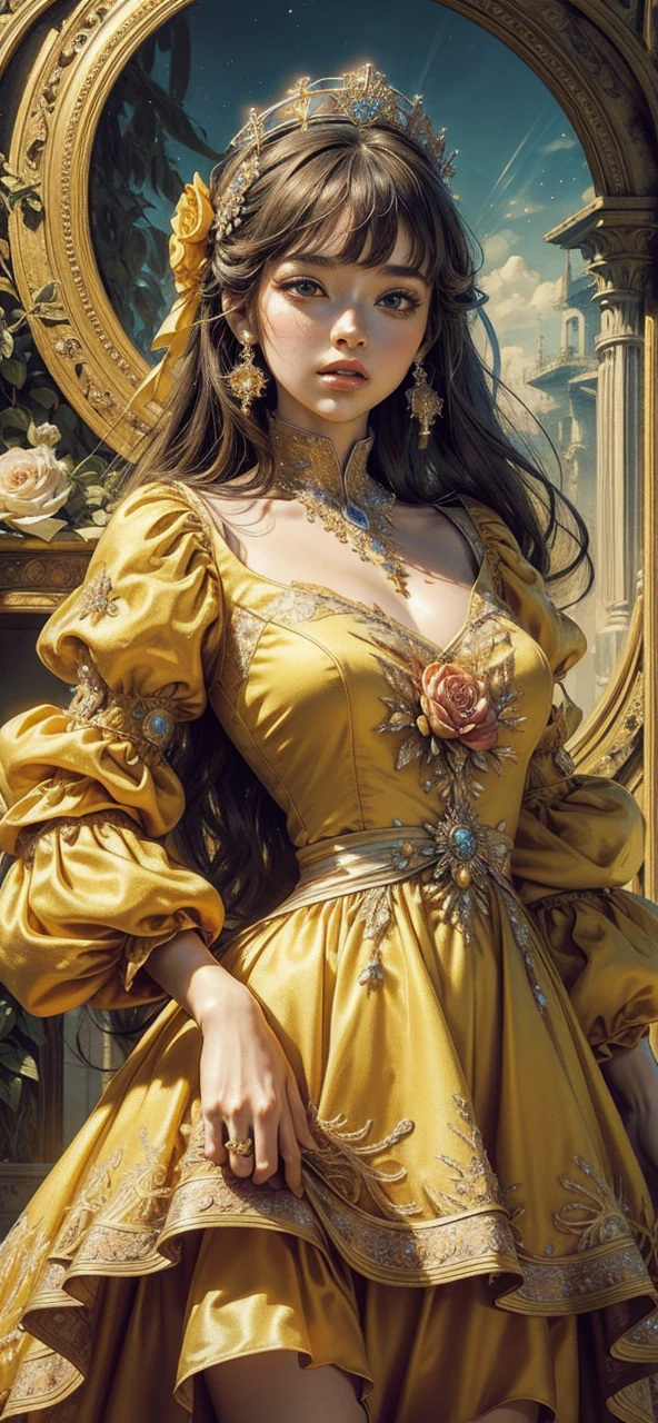 (masterpiece, top quality, best quality, official art, beautiful and aesthetic:1.2), (1maturedgirl), cute, extreme detailed,(fractal art:1.3),colorful, highest detailed, royal, princess, crown, flower garden, yellow gown dress