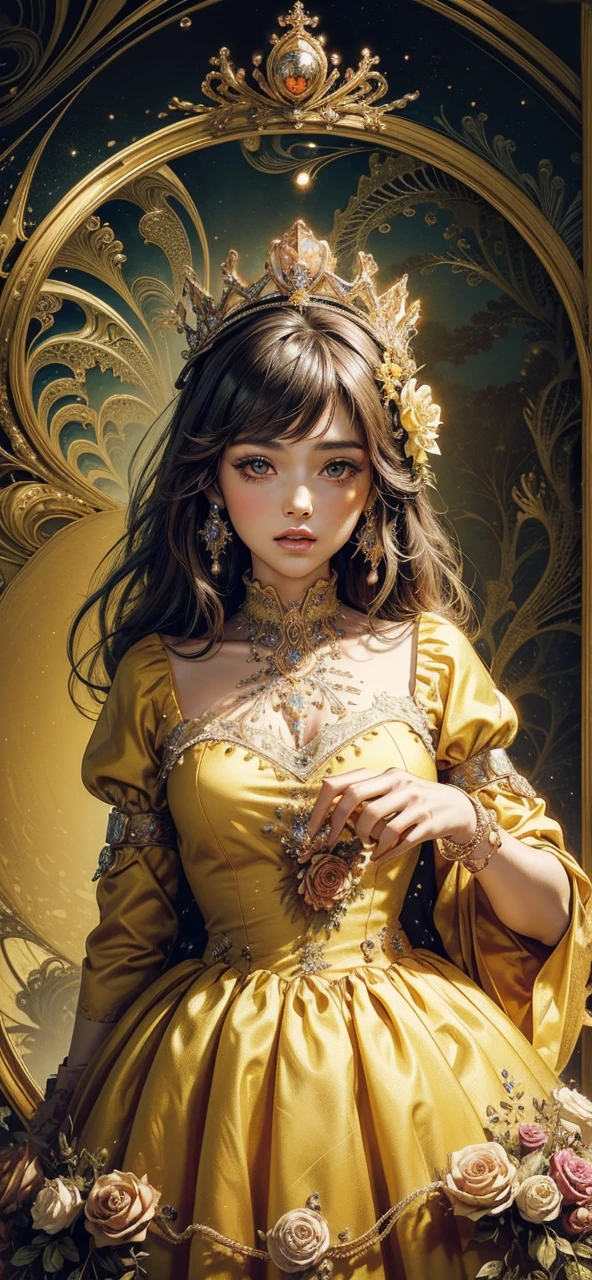 (masterpiece, top quality, best quality, official art, beautiful and aesthetic:1.2), (1maturedgirl), cute, extreme detailed,(fractal art:1.3),colorful, highest detailed, royal, princess, crown, flower garden, yellow gown dress