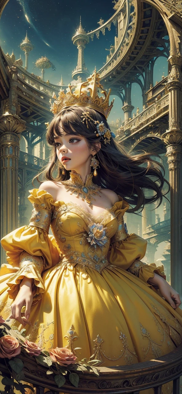 (masterpiece, top quality, best quality, official art, beautiful and aesthetic:1.2), (1maturedgirl), cute, extreme detailed,(fractal art:1.3),colorful, highest detailed, royal, princess, crown, flower garden, yellow gown dress