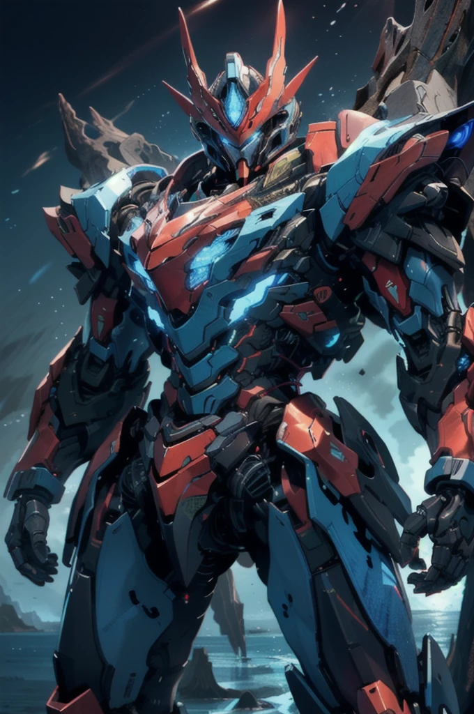 nijimecha,red mech standing in an endless sea,deep sea,mech with heavy armor,thick limbs,energy core,power armor,full armor,best quality,masterpiece,no human being,v-fin,blue theme,