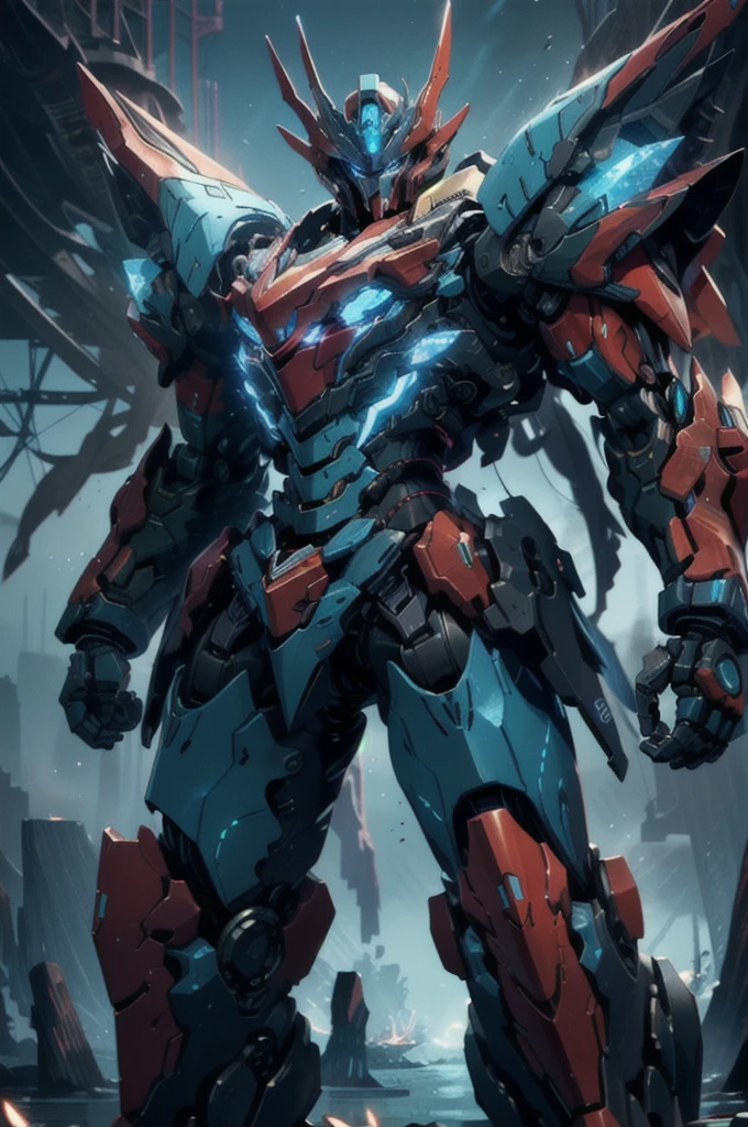 nijimecha,red mech standing in an endless sea,deep sea,mech with heavy armor,thick limbs,energy core,power armor,full armor,best quality,masterpiece,no human being,v-fin,blue theme,