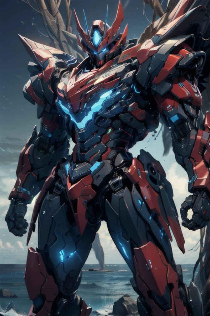 nijimecha,red mech standing in an endless sea,deep sea,mech with heavy armor,thick limbs,energy core,power armor,full armor,best quality,masterpiece,no human being,v-fin,blue theme,
