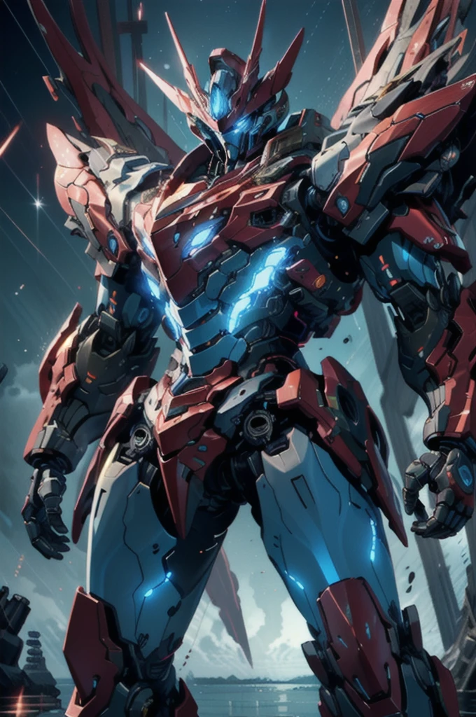 nijimecha,red mech standing in an endless sea,deep sea,mech with heavy armor,thick limbs,energy core,power armor,full armor,best quality,masterpiece,no human being,v-fin,blue theme,