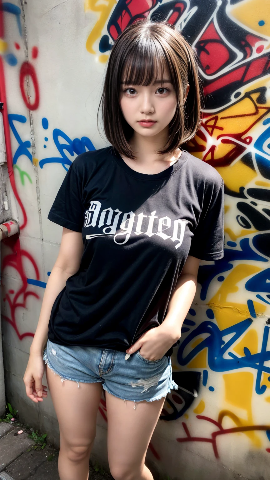 masterpiece, best quality, illustration, Super detailed, fine details, High resolution, 8K,wall paper, perfect dynamic composition,(Details High quality, realistic depiction of eyes:1.3), (Japanese teenage girl standing in a dirty back alley at night, graffitied wall:1.1), (wearing a tattered and dirty t-shirt.:1.1), Wearing baggy pants, dirty body, short bob hair, black hair color, Big Natural Color Lip, seductive face, provocative look, crying a little、cold gaze, Harajuku style、(graffiti), night time, 20 year old girl、cute type、lolita, Gravure Idol, full body photo、focus on crotch, (huge breasts)