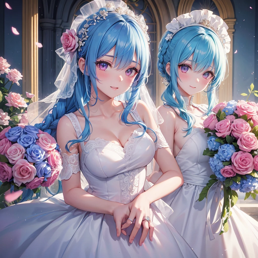 Sky blue hair, (Braided Ponytail),(Pink Eyes),Fair skin ,(whole body),(One girl),bride,A big smile,Straight bangs, 6月のbride,Wedding dress,(masterpiece, Highest quality, Very detailed, Best Shadow), (Detailed Background), (Beautifully detailed face), High Contrast, (Best lighting, Very delicate and beautiful), ((Cinematic Light)), colorful, Hyper Detail, Dramatic Light, Intricate details,Chapel background,Bouquet of roses,Ring on left ring finger,