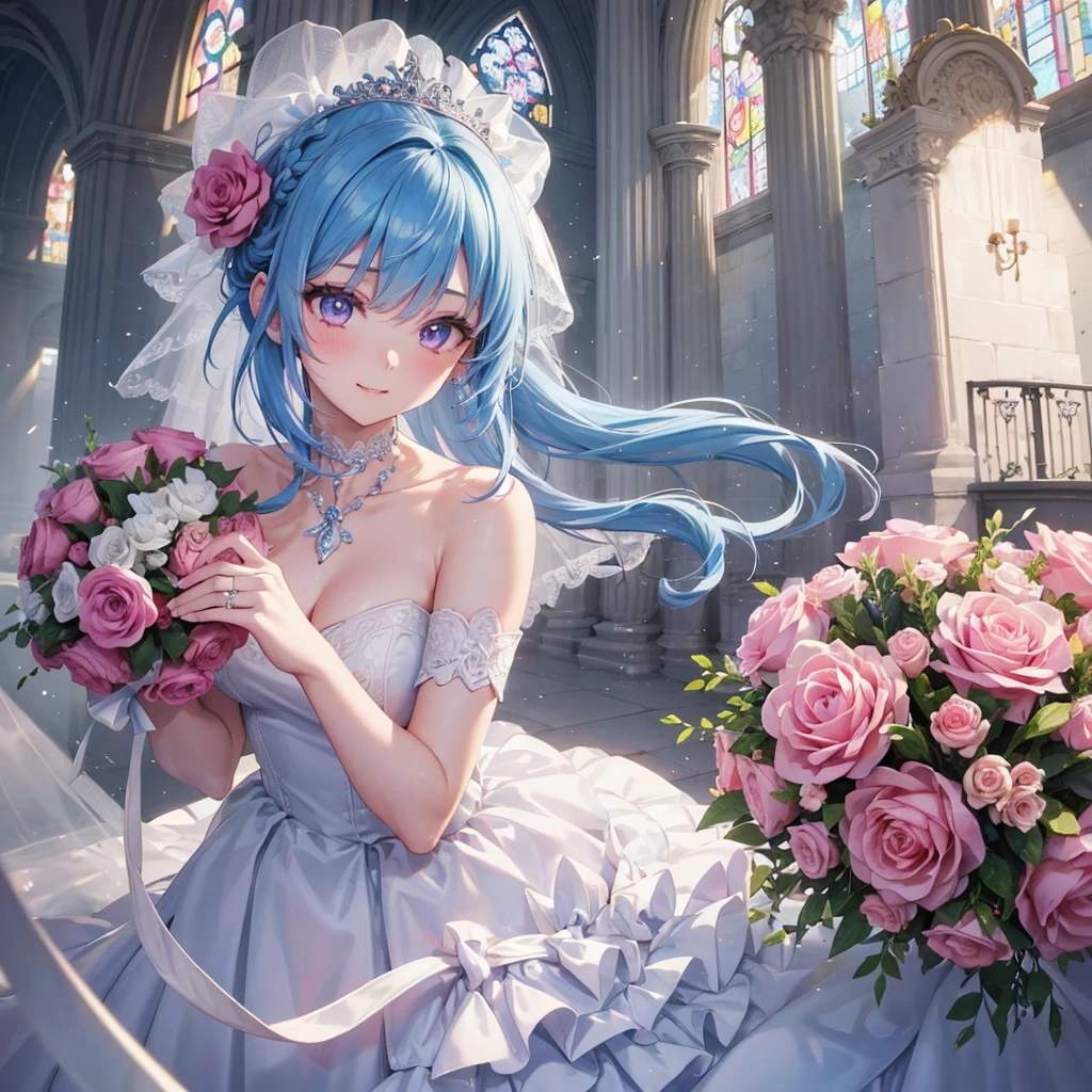 Sky blue hair, (Braided Ponytail),(Pink Eyes),Fair skin ,(whole body),(One girl),bride,A big smile,Straight bangs, 6月のbride,Wedding dress,(masterpiece, Highest quality, Very detailed, Best Shadow), (Detailed Background), (Beautifully detailed face), High Contrast, (Best lighting, Very delicate and beautiful), ((Cinematic Light)), colorful, Hyper Detail, Dramatic Light, Intricate details,Chapel background,Bouquet of roses,Ring on left ring finger,